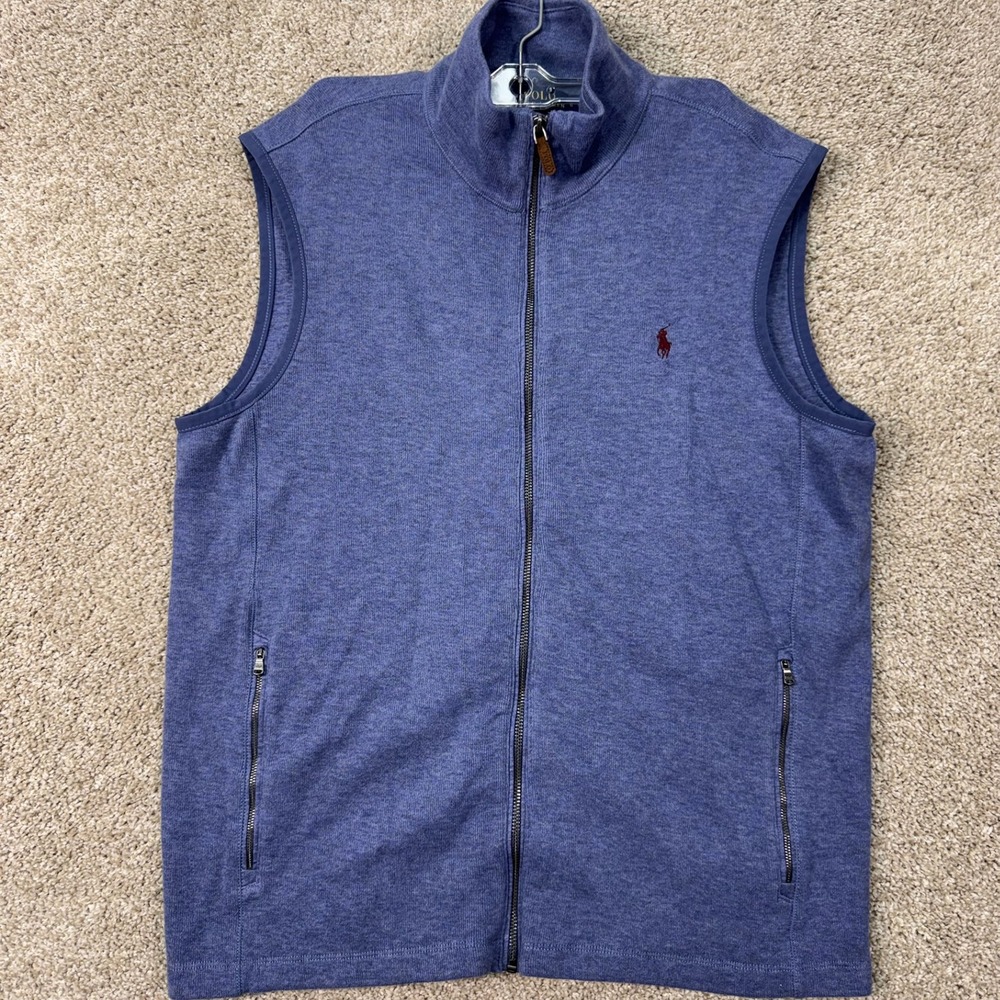 Polo Ralph Lauren Sweater Vest Mens Large Blue Full Zip Cotton Mock Neck EUC